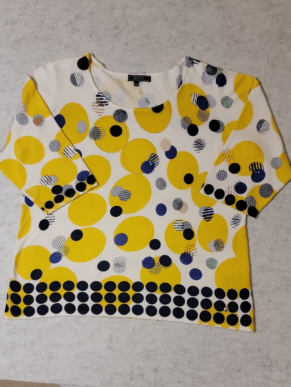 Orly Paris Knit Top XL Yellow Blue Polka Dot Studded Geometric Mod 3/4 Sleeve